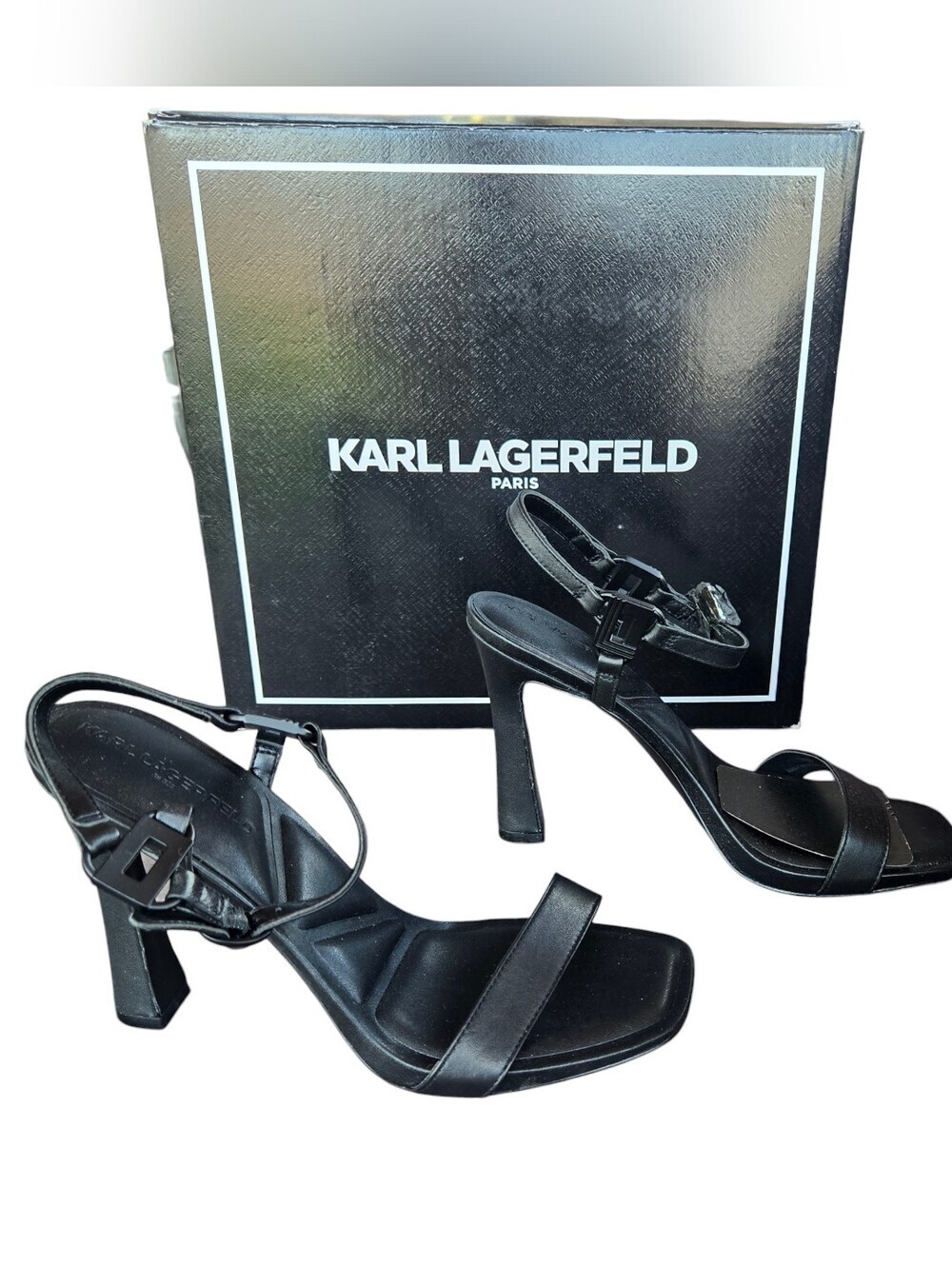 Karl Lagerfeld Paris Cybil Ankle Strap Sandals in black. Size 7.5